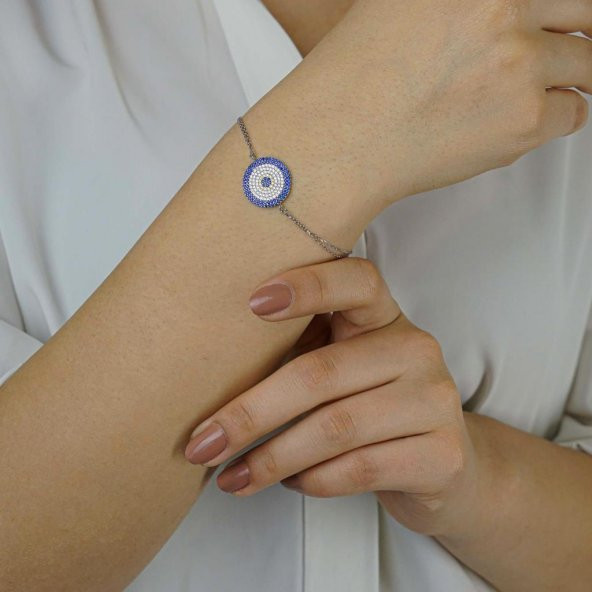 Nazar Tasarımlı 8 Sıralı 925 Ayar Gümüş Kadın Bileklik - Resim 3