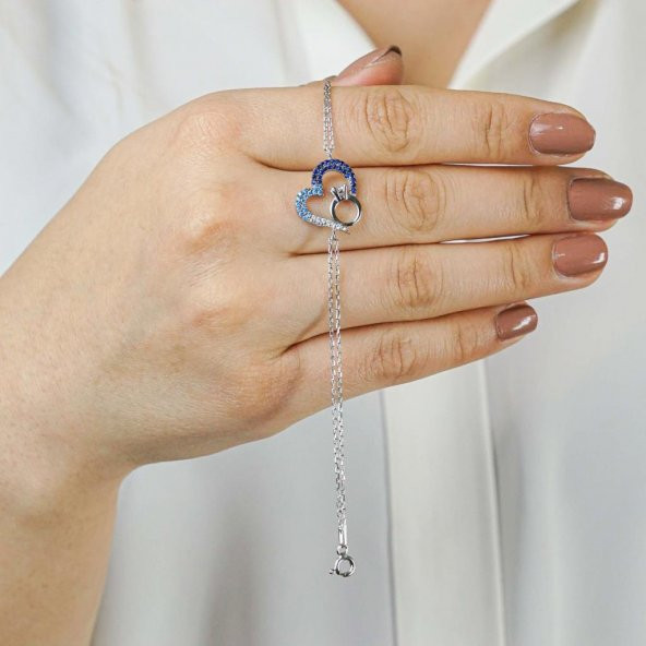 Renk Geçişli Kalp Tasarımlı Tektaş Pırlanta Detaylı 925 Ayar Gümüş Kadın Bileklik - Resim 2