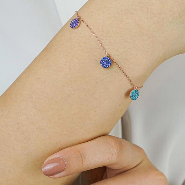 Yuvarlak Minimal Tasarımlı Renkli Zirkon Taşlı 925 Ayar Gümüş Şans Bileklik ürün görseli