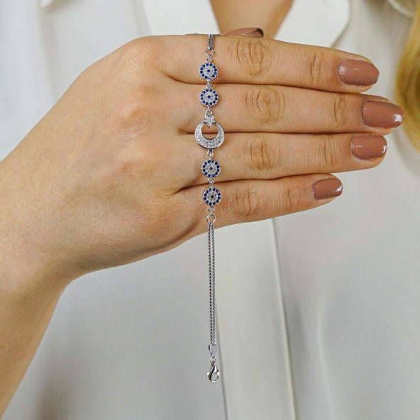 Ay Yıldız Nazar Tasarımlı 925 Ayar Gümüş Kadın Bileklik - Resim 2