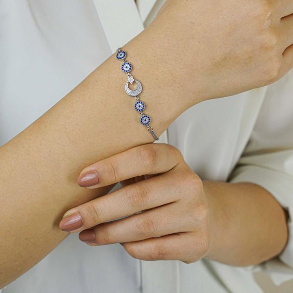 Ay Yıldız Nazar Tasarımlı 925 Ayar Gümüş Kadın Bileklik - Resim 3