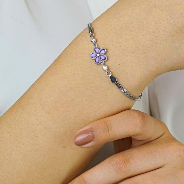 Mor Ametist Renkli Çiçek Tasarımlı 925 ayar Gümüş Bileklik ürün görseli