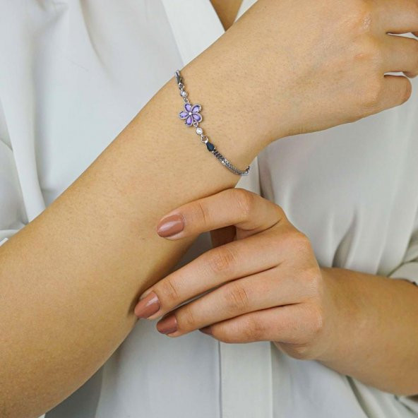 Mor Ametist Renkli Çiçek Tasarımlı 925 ayar Gümüş Bileklik - Resim 3