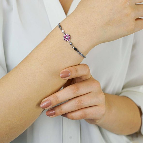 Kırmızı Çiçek Tasarımlı 925 Ayar Gümüş Kadın Bileklik - Resim 3