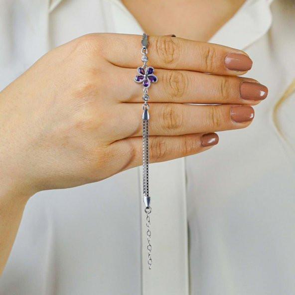 Mor Ametist Renkli Çiçek Tasarımlı 925 ayar Gümüş Bileklik - Resim 2
