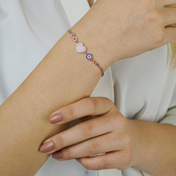 Sonsuzluk Kalp Nazar Tasarımlı Rose Renk 925 Ayar Gümüş Kadın Bileklik - 3