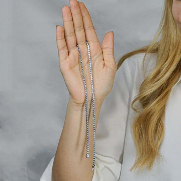 Pırlanta Tasarımlı Yuvarlak 925 Ayar Gümüş Su Yolu Kolye 45 CM - Resim 2