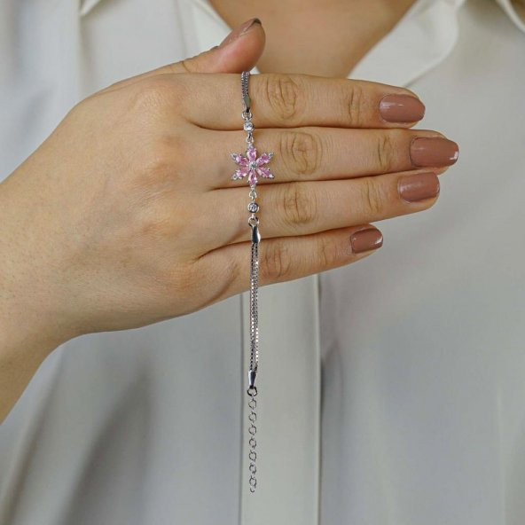 Pembe Lotus Çiçeği Tasarımlı 925 Ayar Gümüş Kadın Bileklik - 2