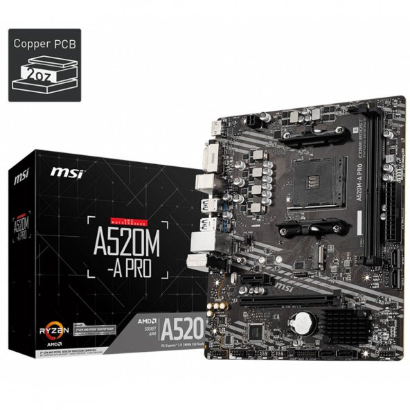 MSI A520M-A PRO DDR4 M2 PCIe NVME HDMI DVI PCIe 16X v3.0 AM4 mATX - 8