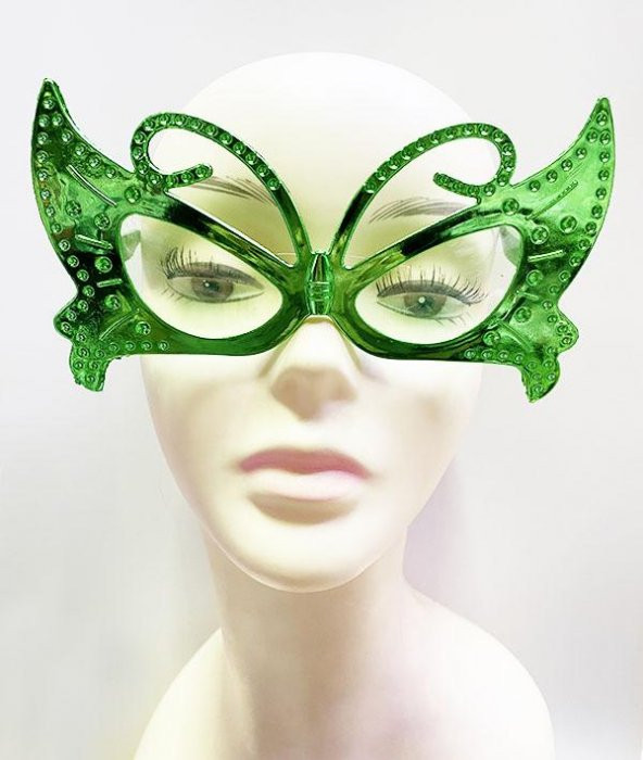 Metalize Kelebek Şekilli Parlak Parti Gözlüğü Yeşil Renk 15x9 cm