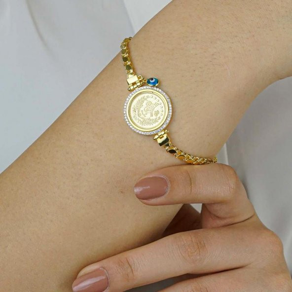 Tuğra Tasarımlı Pullu Zincirli Nazarlı 925 Ayar Gümüş Kadın Bileklik ürün görseli 1