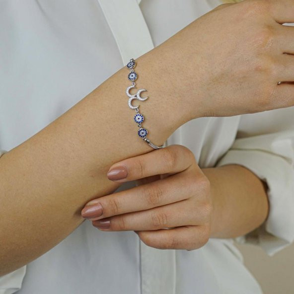 Üç Hilal Tasarımlı Nazar Detaylı 925 Ayar Gümüş Kadın Bileklik - Resim 3