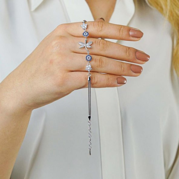 Yusufcuk Tasarımlı Çiçek Nazar Detaylı 925 Ayar Gümüş Kadın Bileklik - Resim 2