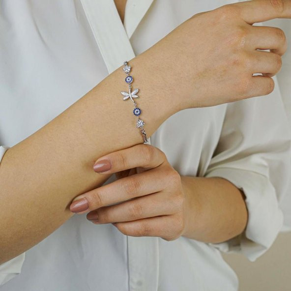 Yusufcuk Tasarımlı Çiçek Nazar Detaylı 925 Ayar Gümüş Kadın Bileklik - Resim 3