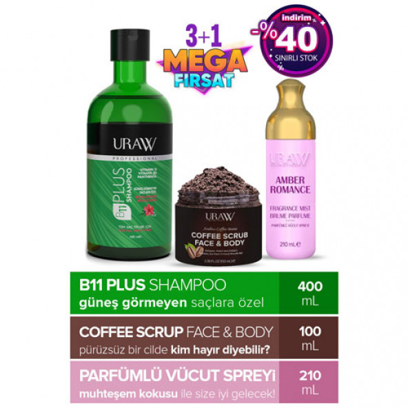 Uraw B11 Plus Şampuan (2 Adet) + Coffee Scrup Face&Body + Parfümlü Vücut Spreyi