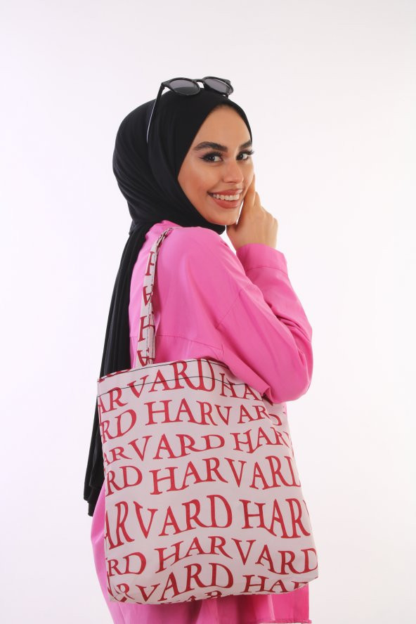 Soobepark Harvard Baskılı Kadın Shopper Alışveriş Çantası Vizon Kırmızı - 2