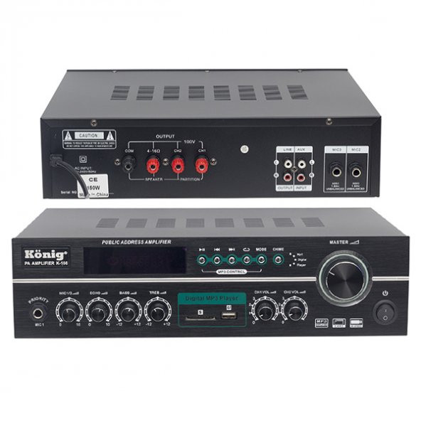 KÖNİG K-166 150 WATT 100V/70V/4-8 OHM USB/SD UK-İKİ BÖL-3 MİK.GİRİŞLİ HAT TR ANFİ - 1