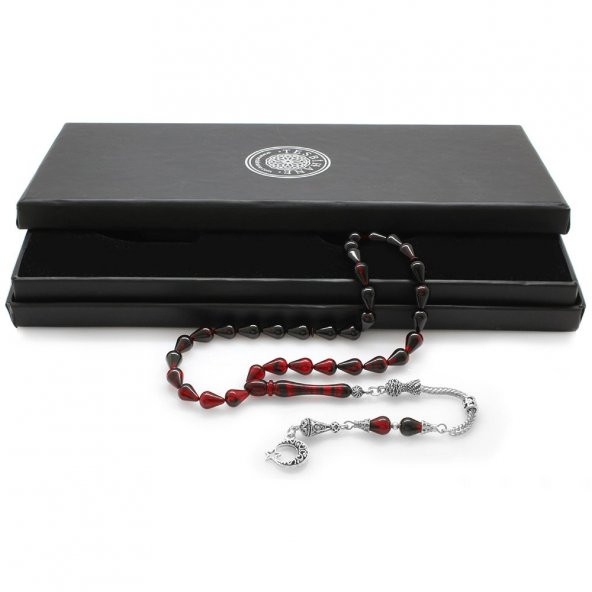 Nipora Kararmaz Metal Ayyıldız Püsküllü Damla Kesim Süzme Kırmızı-Siyah Ateş Kehribar Tesbih - Resim 2