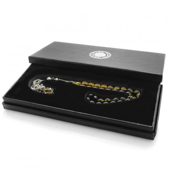 Nipora Kararmaz Metal Ayyıldız Püsküllü Arpa Kesim Süzme Sarı-Siyah Ateş Kehribar Tesbih - Resim 3