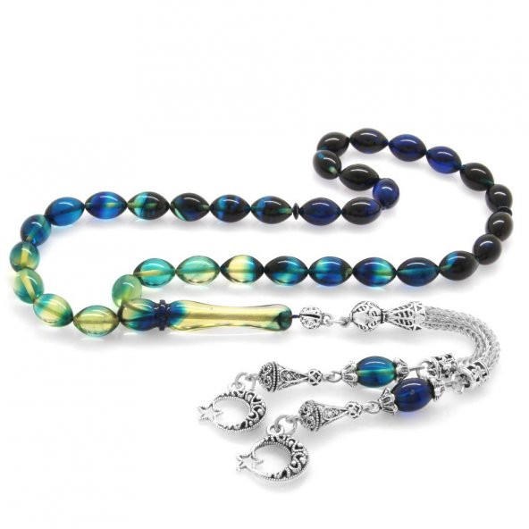 Nipora Kararmaz Metal Ayyıldız Püsküllü Arpa Kesim Süzme Mavi-Beyaz Ateş Kehribar Tesbih