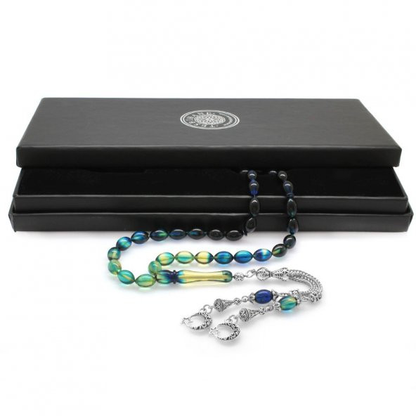 Nipora Kararmaz Metal Ayyıldız Püsküllü Arpa Kesim Süzme Mavi-Beyaz Ateş Kehribar Tesbih - 2