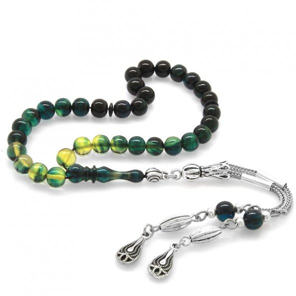 Nipora Kararmaz Metal Püsküllü Küre Kesim Bilek Boy Süzme Mavi-Beyaz Ateş Kehribar Tesbih ürün görseli