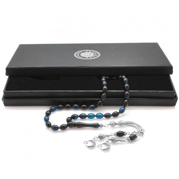Nipora Kararmaz Metal Ayyıldız Püsküllü Arpa Kesim Mavi-Siyah Sıkma Kehribar Tesbih - Resim 2