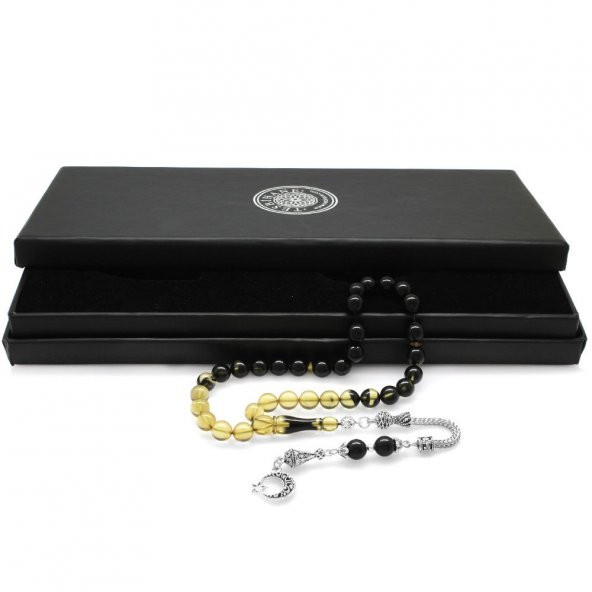 Nipora Kararmaz Metal Ayyıldız Püsküllü Küre Kesim Süzme Siyah-Beyaz Ateş Kehribar Tesbih - 2