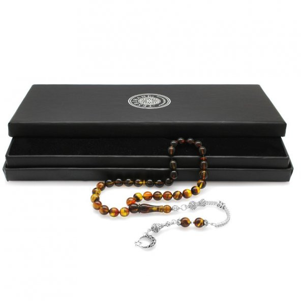 Nipora Kararmaz Metal Ayyıldız Püsküllü Küre Kesim Süzme Bala-Siyah Ateş Kehribar Tesbih - 2