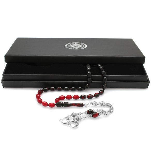 Nipora Kararmaz Metal Ayyıldız Püsküllü Arpa Kesim Süzme Kırmızı-Siyah Ateş Kehribar Tesbih - Resim 2