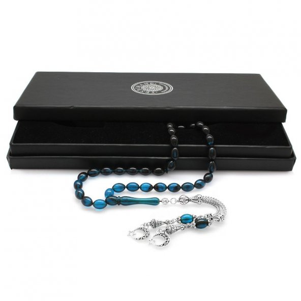 Nipora Kararmaz Metal Ayyıldız Püsküllü Arpa Kesim Süzme Turkuaz-Siyah Ateş Kehribar Tesbih - Resim 2