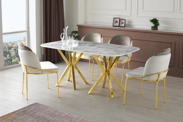 Royal Masa High Gloss Krom Mutfak Masa 4 Sandalye Seti 90*160 - 2