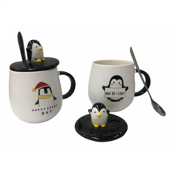 Penguen Tasarımlı Seramik Kapaklı Metal Kaşıklı Kupa Bardak