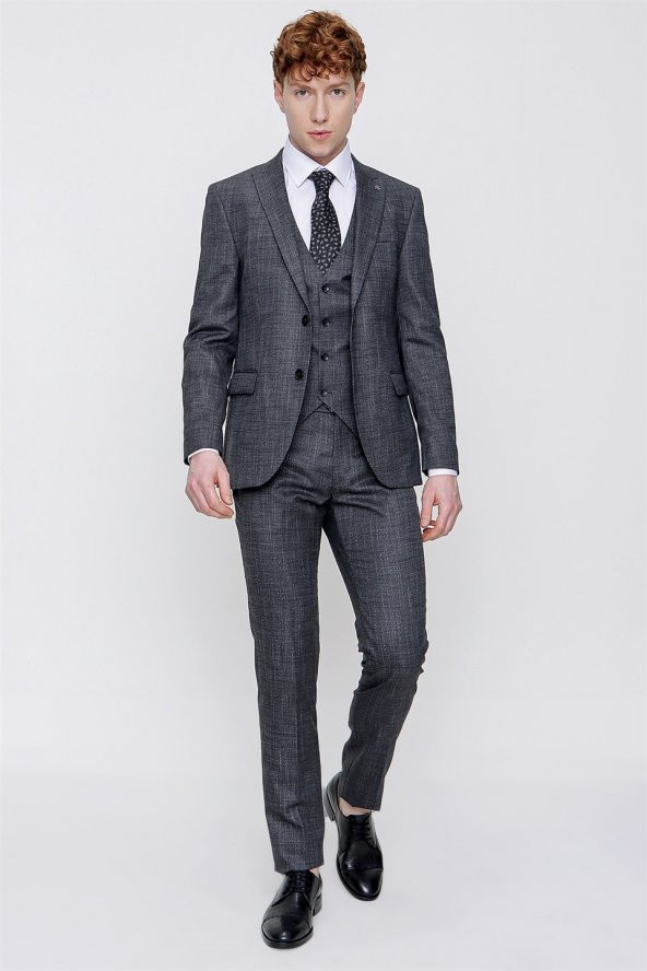 Morven Erkek Siyah Milano Desenli Yelekli Slim Fit Dar Kesim 6 Drop Takım Elbise