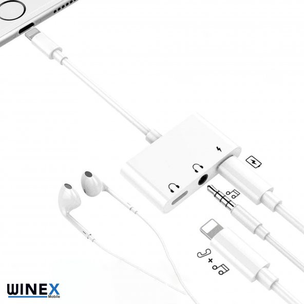 Winex 8Pin 3in1 Lightning to 3.5mm Aux + Lightnin Ses + Lightning Şarj Dönüştürücü Adaptörü Beyaz - 3