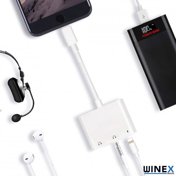 Winex 8Pin 3in1 Lightning to 3.5mm Aux + Lightnin Ses + Lightning Şarj Dönüştürücü Adaptörü Beyaz - 5