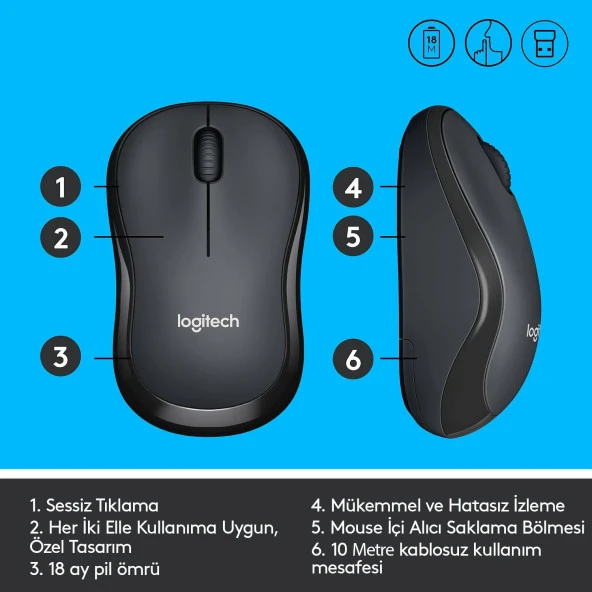 Logitech M221 Silent (Sessiz) Kablosuz Mouse Siyah 910-006510 - Resim 3