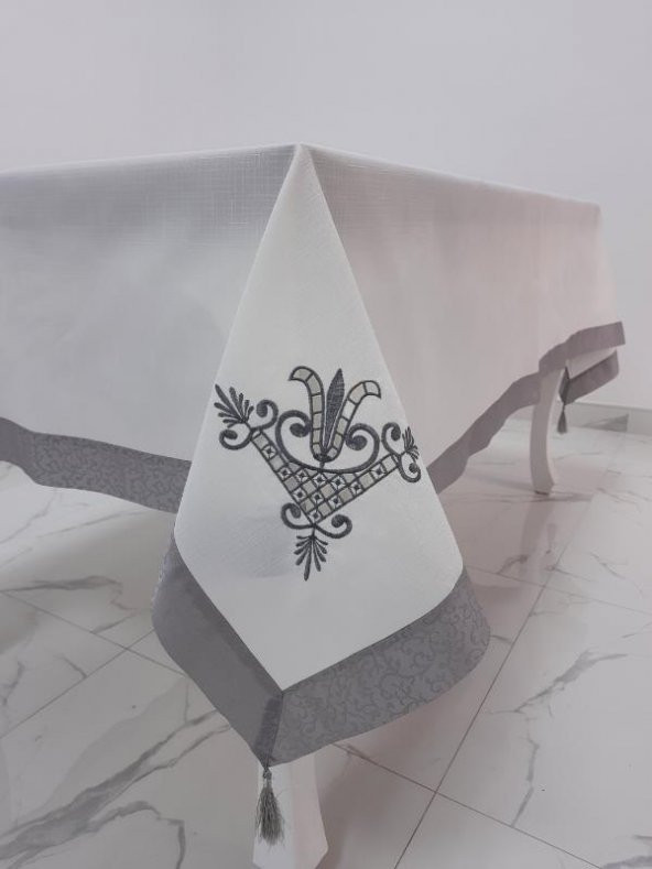 Finezza İrem Gri Nakışlı Keten Kumaş Krem Masa Örtüsü 160*220 Cm - 989 - 2