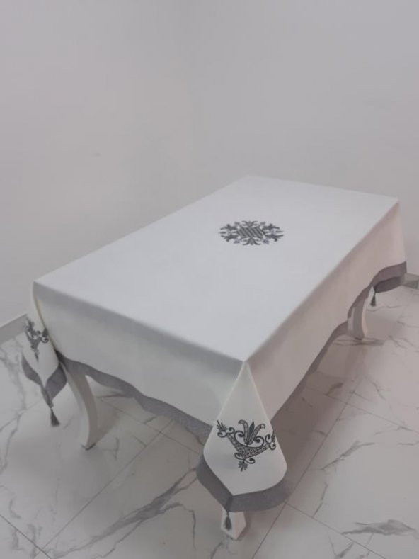 Finezza İrem Gri Nakışlı Keten Kumaş Krem Masa Örtüsü 160*220 Cm - 989 - 5