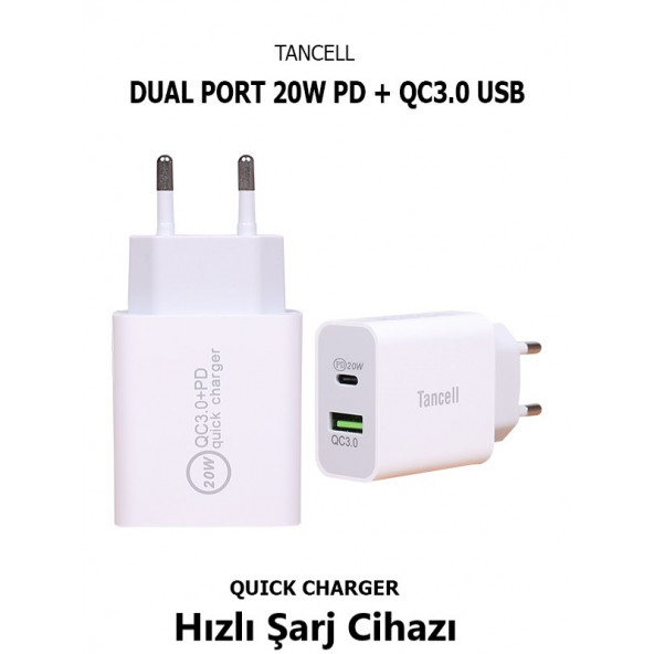 TANCELL Çift Çıkışlı Hızlı Şarj Cihazı Type C & Usb C (20w Pd + Qc 3.0) Şarj Adaptörü Güç Kaynağı