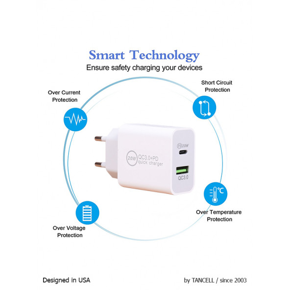 TANCELL Çift Çıkışlı Hızlı Şarj Cihazı Type C & Usb C (20w Pd + Qc 3.0) Şarj Adaptörü Güç Kaynağı - 2
