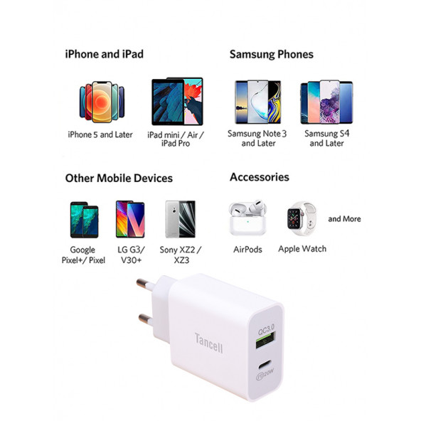 TANCELL Çift Çıkışlı Hızlı Şarj Cihazı Type C & Usb C (20w Pd + Qc 3.0) Şarj Adaptörü Güç Kaynağı - 4
