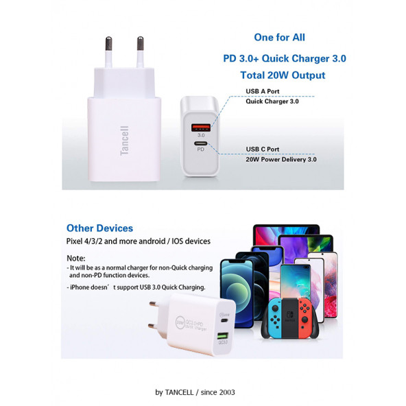 TANCELL Çift Çıkışlı Hızlı Şarj Cihazı Type C & Usb C (20w Pd + Qc 3.0) Şarj Adaptörü Güç Kaynağı - 5