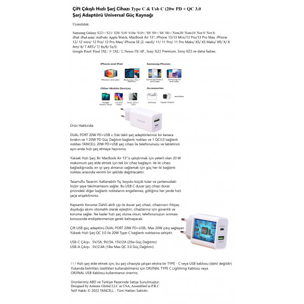 TANCELL Çift Çıkışlı Hızlı Şarj Cihazı Type C & Usb C (20w Pd + Qc 3.0) Şarj Adaptörü Güç Kaynağı - 7