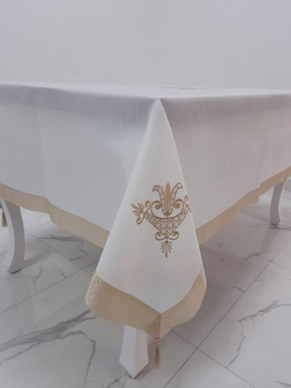 Finezza İrem Bej Nakışlı Keten Kumaş Krem Masa Örtüsü 160*220 Cm - 990 - 2