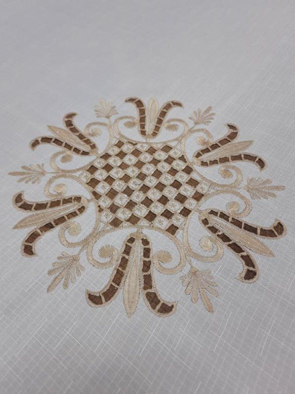 Finezza İrem Bej Nakışlı Keten Kumaş Krem Masa Örtüsü 160*220 Cm - 990 - 3