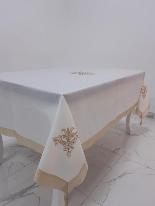 Finezza İrem Bej Nakışlı Keten Kumaş Krem Masa Örtüsü 160*220 Cm - 990 - 4