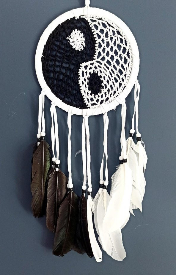 Siyah Beyaz Dream Catcher Kuş Tüylü Boncuklu Düş Kapanı Duvar Süsü - 2