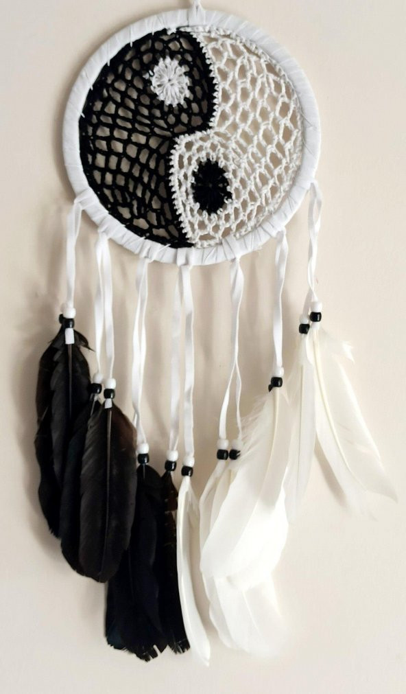 Siyah Beyaz Dream Catcher Kuş Tüylü Boncuklu Düş Kapanı Duvar Süsü - 3