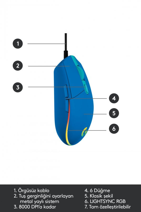 Logitech G102 Lightsync Optik Kablolu Oyuncu Mouse - Mavi - 6